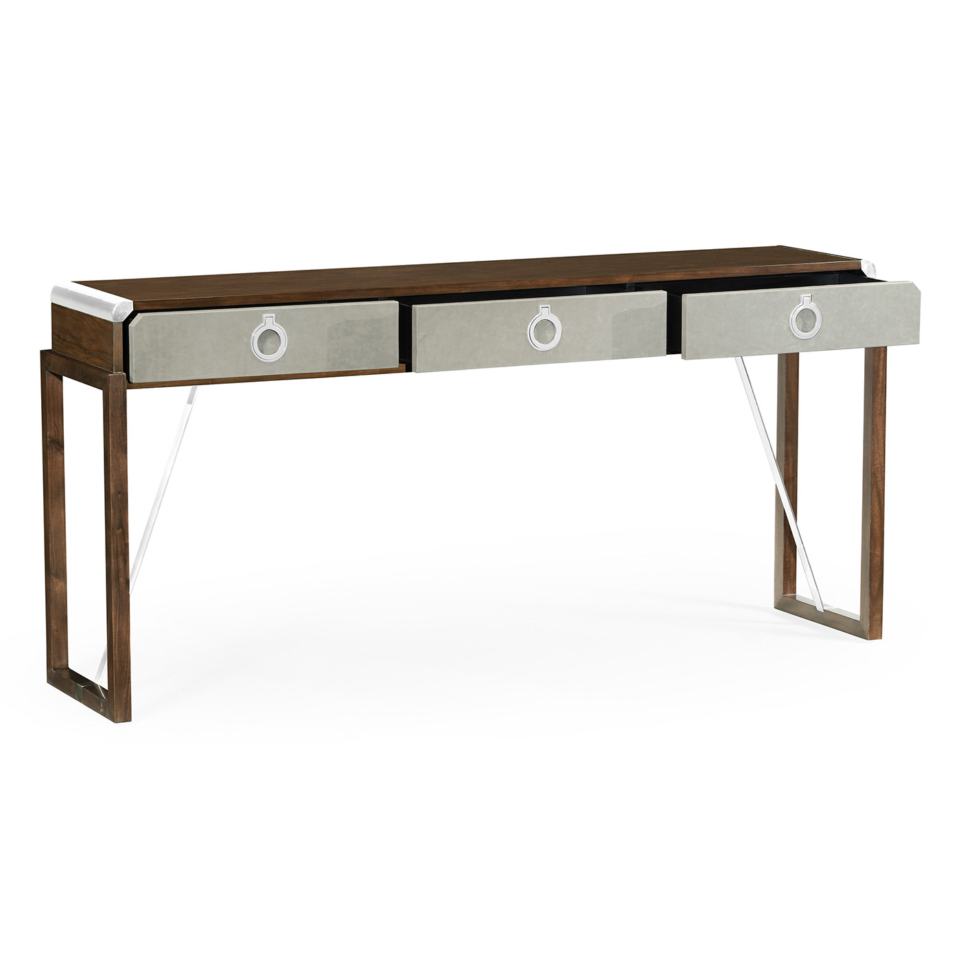 Campaign Style Dark Santos Rosewood & Grey Leather Console Table with Drawers