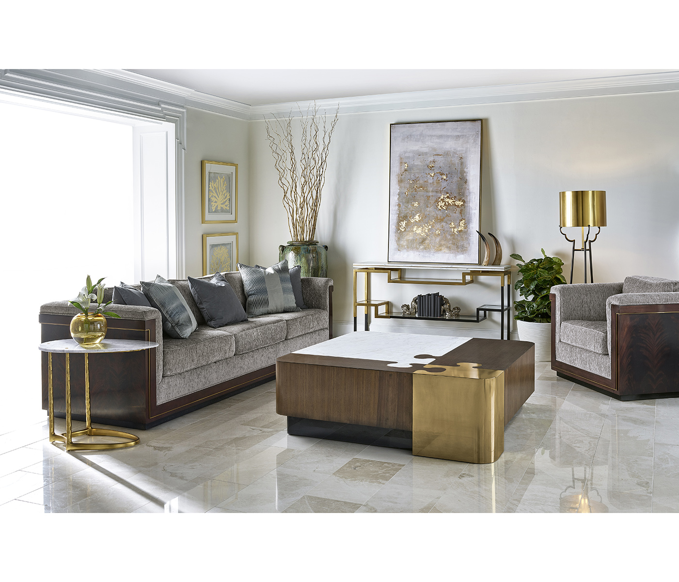 Contemporary Antique Satin Gold Brass & Black Stainless Steel Floor Lamp