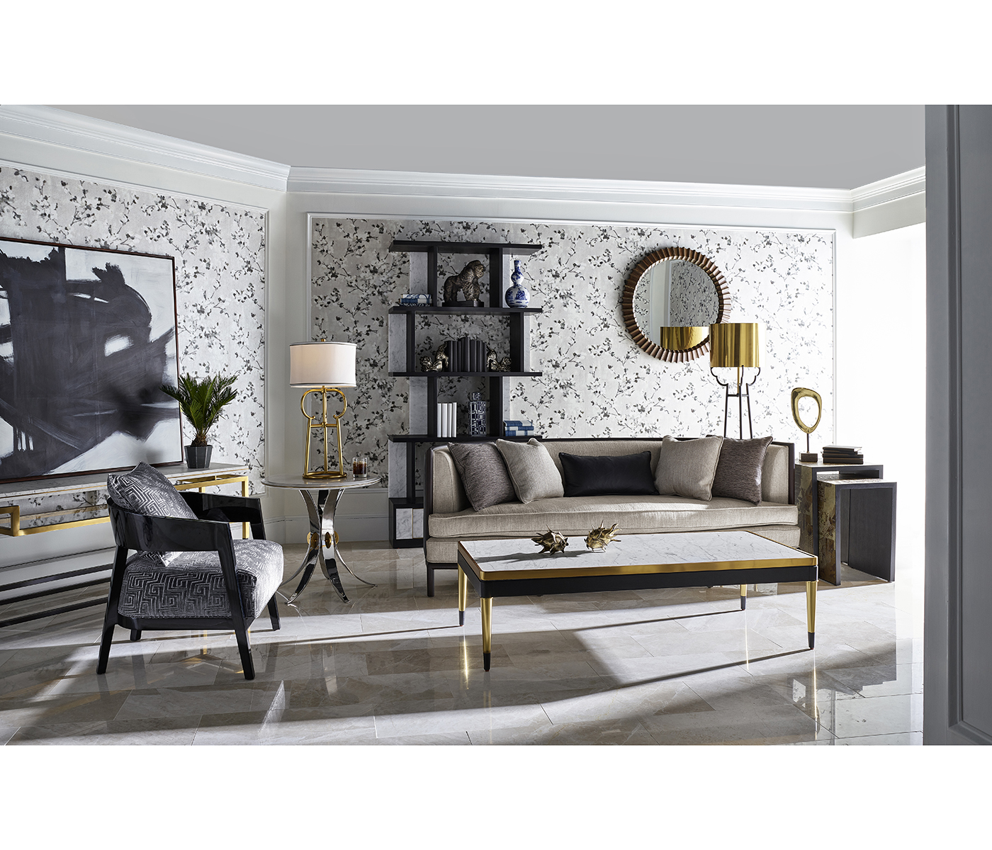 Contemporary Antique Satin Gold Brass & Black Stainless Steel Floor Lamp