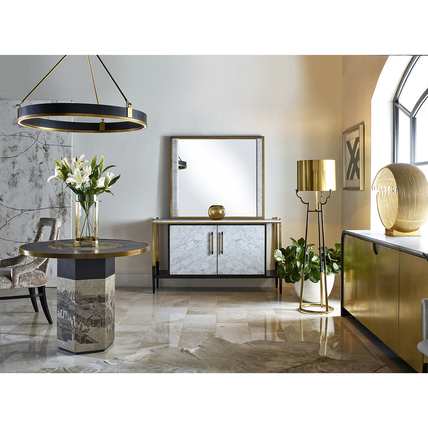 Contemporary Antique Satin Gold Brass & Black Stainless Steel Floor Lamp