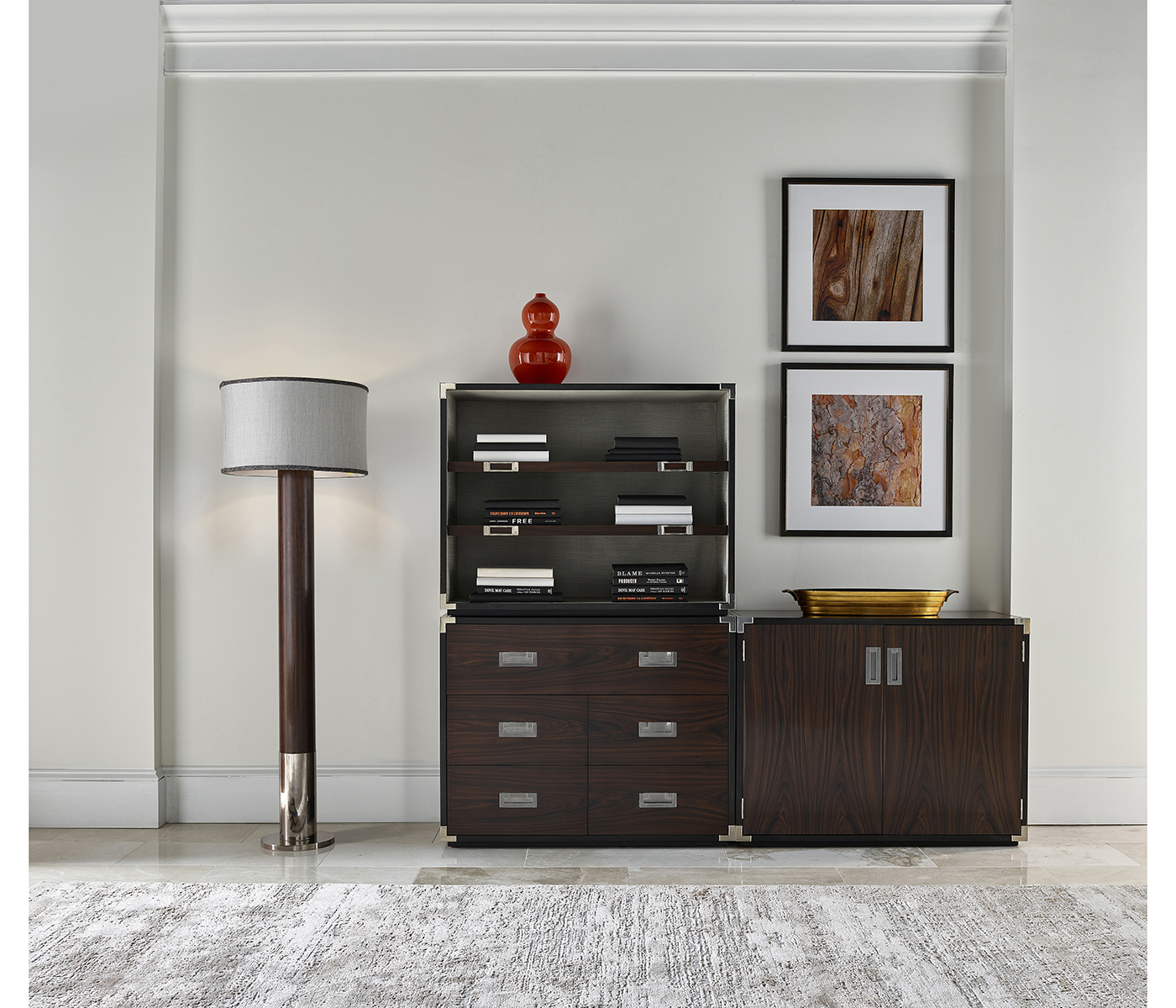 Campaign Style Dark Santos Rosewood Adjustable Storage Cabinet