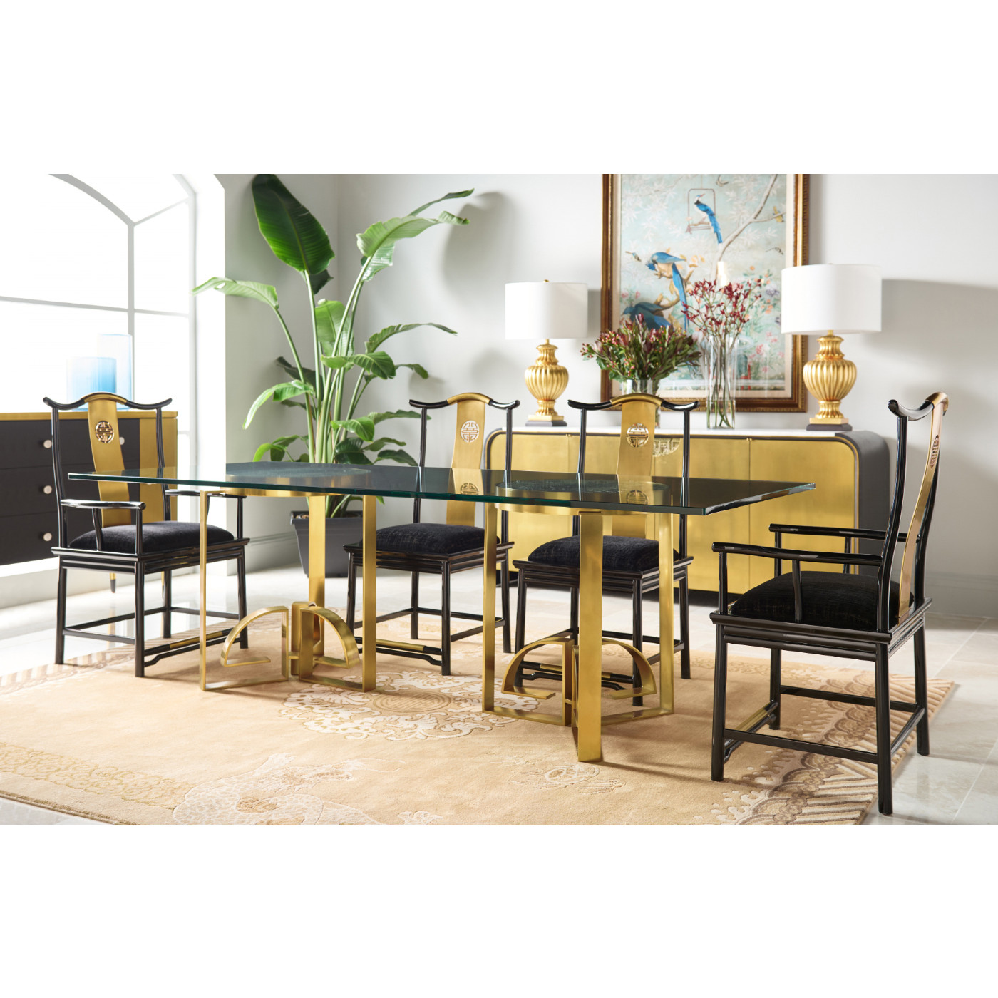 Fusion Rounded Black Gloss & Brass Dining Arm Chair