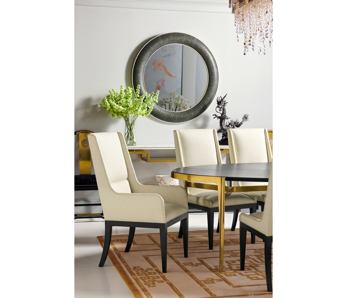 Fusion Rounded Black Gloss & Brass Dining Arm Chair