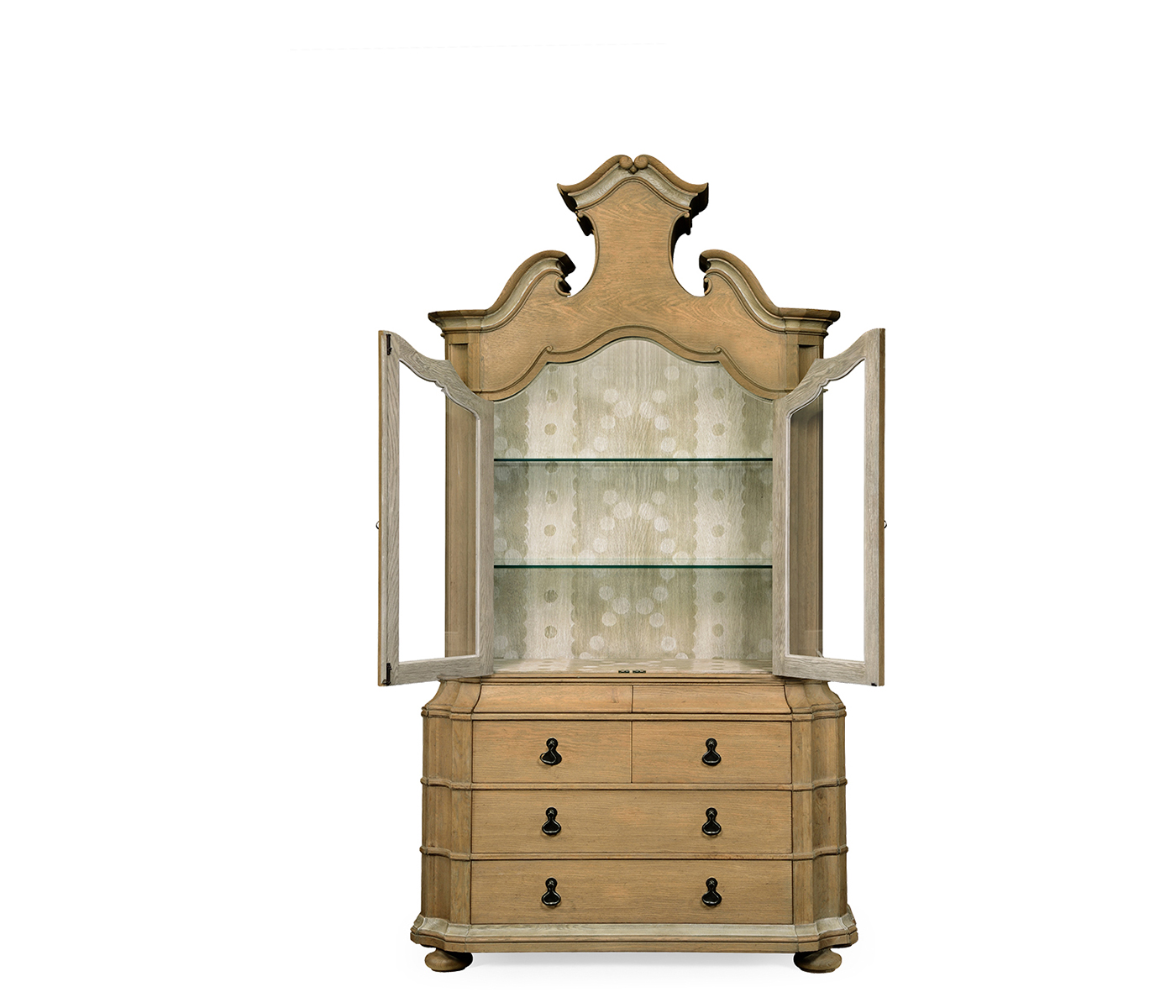 Oulton Vintage Oak Cabinet with Glass Doors & Glass Shelves