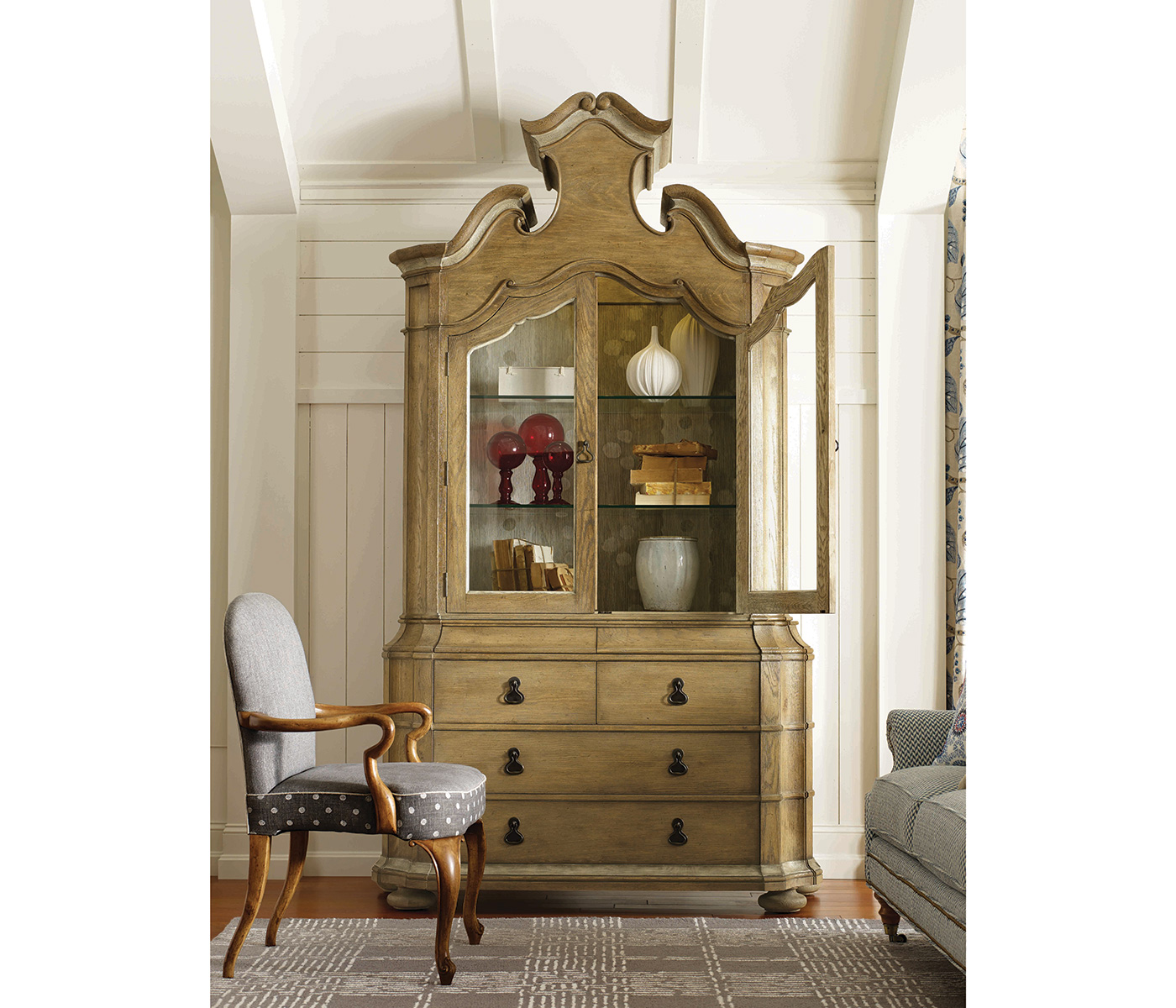 Oulton Vintage Oak Cabinet with Glass Doors & Glass Shelves