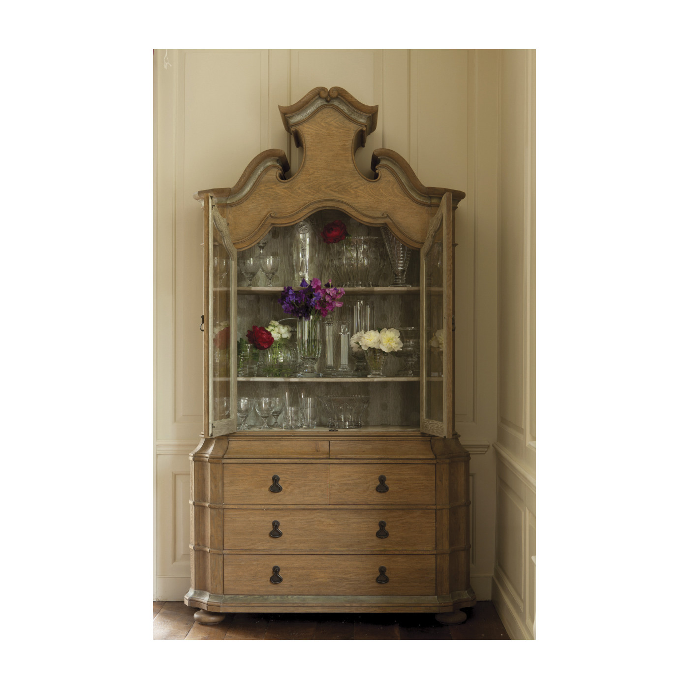 Oulton Vintage Oak Cabinet with Glass Doors & Wooden Shelves