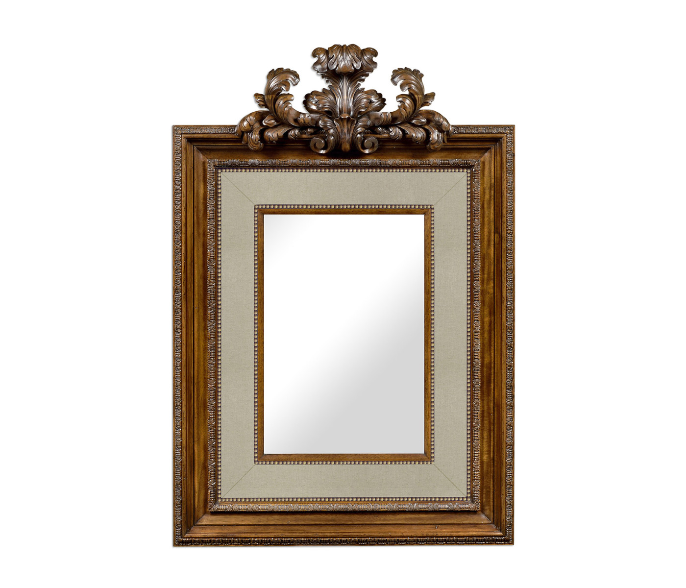 Large Carved Honey Walnut Mirror, Upholstered in MAZO