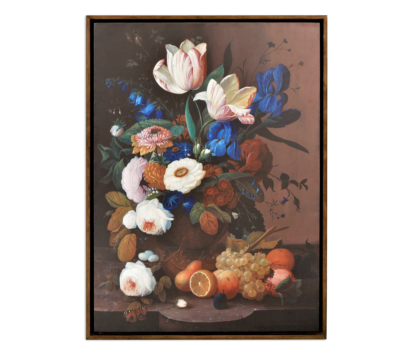 Still Life with Flowers & Fruit Painting on Medium Walnut Frame