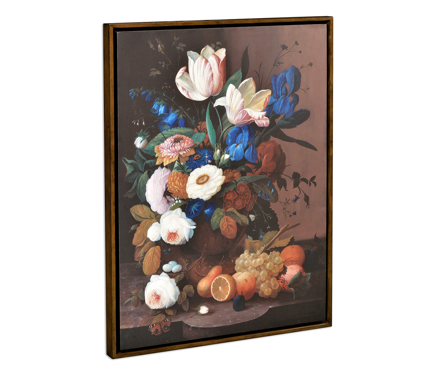 Still Life with Flowers & Fruit Painting on Medium Walnut Frame