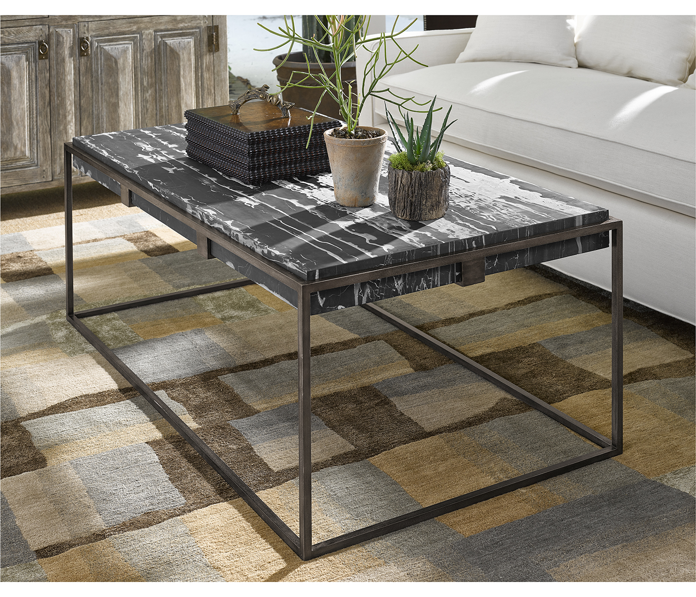Rectangular Iron Cocktail Table with a Black Marble Top