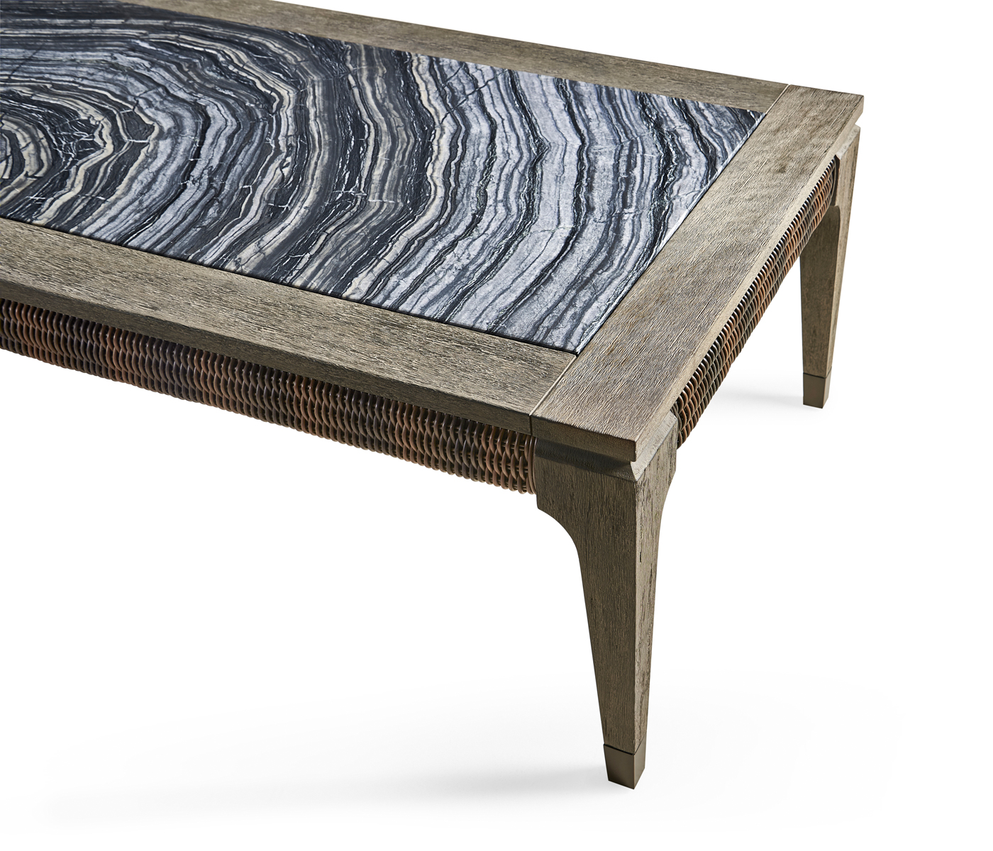 Rectangular Grey & Rattan Coffee Table with a Black Marble Top