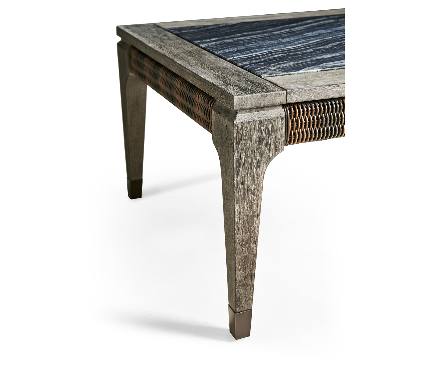Rectangular Grey & Rattan Coffee Table with a Black Marble Top