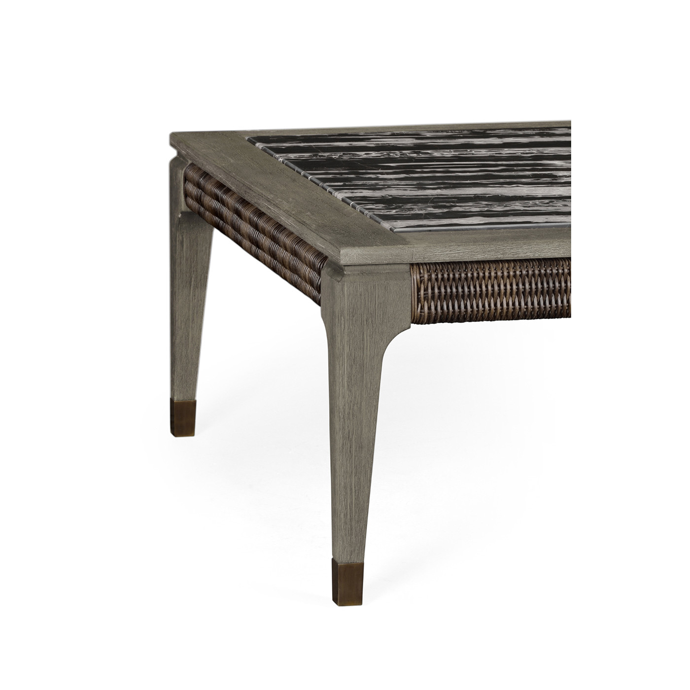 Square Grey & Rattan Coffee Table with a Black Marble Top