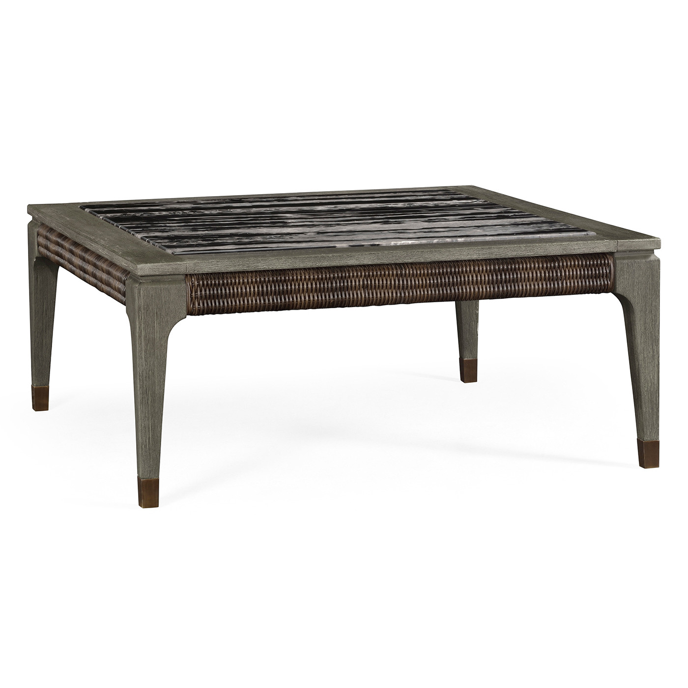 Square Grey & Rattan Coffee Table with a Black Marble Top