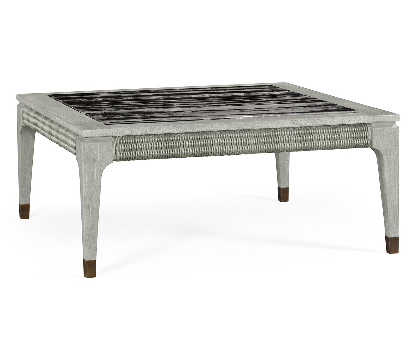 Square Cloudy Grey & Rattan Coffee Table with a Black Marble Top