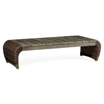 Rectangular Grey & Rattan Cocktail Table with Curved Ends