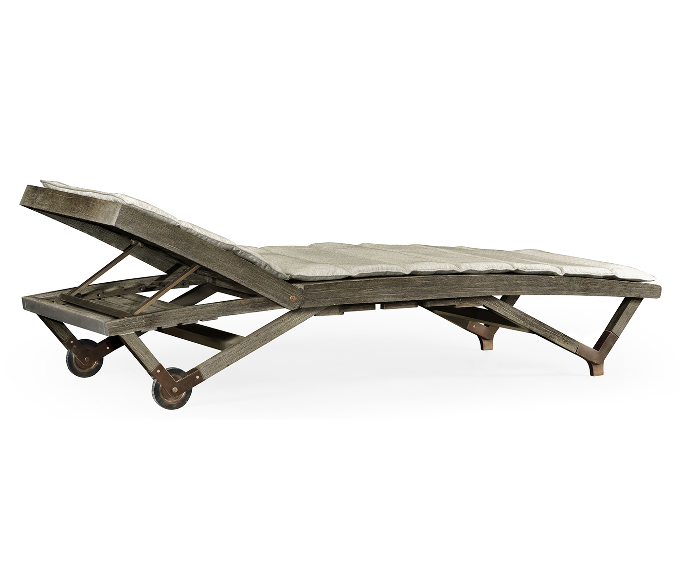 Grey Chaise Lounge on Wheels with a Retractable Drink Holder & Cushion