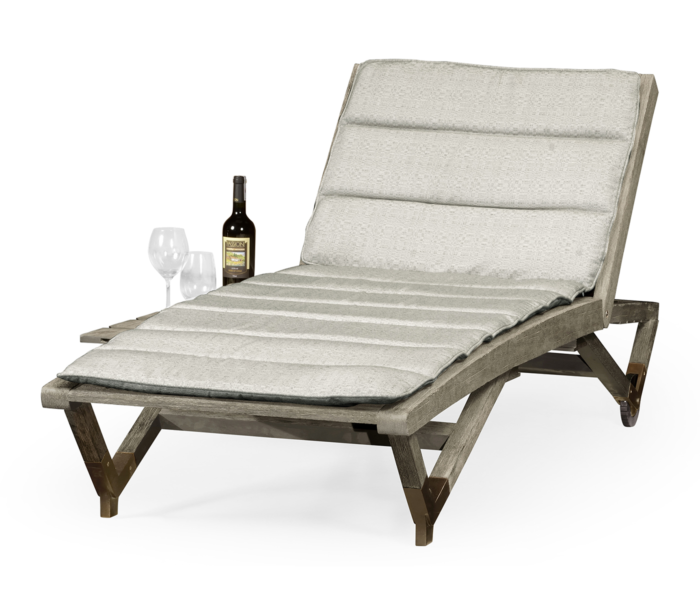 Grey Chaise Lounge on Wheels with a Retractable Drink Holder & Cushion