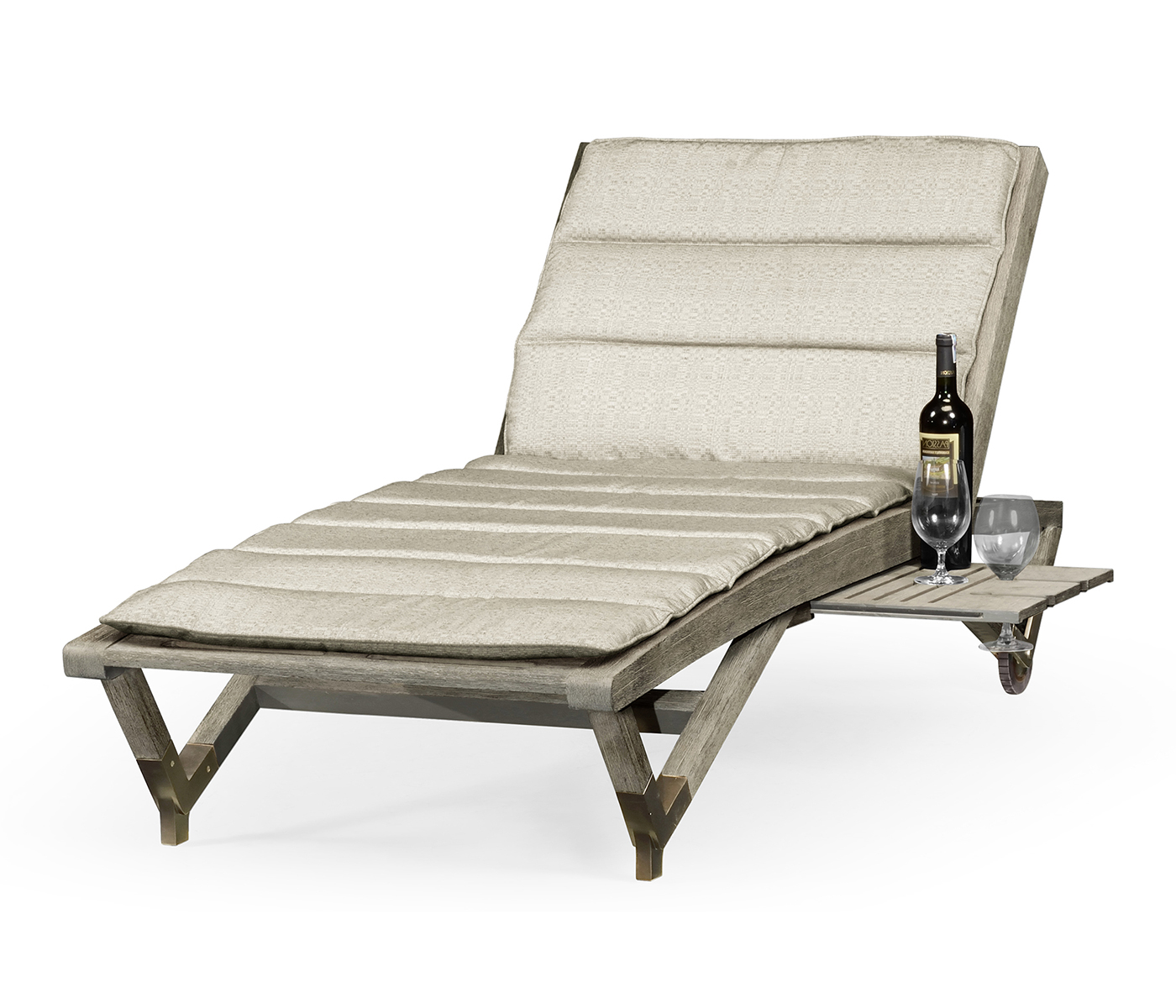 Grey Chaise Lounge on Wheels with a Retractable Drink Holder & Cushion